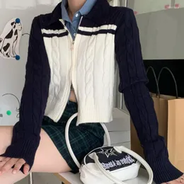 Women's Knits Korean Fashion Zipper Knitted Cardigan Mujer Black And White Patchwork Polo Collar Cardigans Preppy Style Sweater Drop
