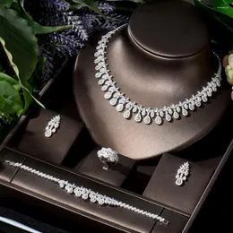 Collana Orecchini Set HIBRIDE Luxury Women Jewelry Water Drop Bridal CZ Bracciale Anello 4 pezzi Big Wedding For Bride N-692