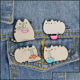 Pins Brooches Pinsbrooches Jewelry Creative Cartoon Animal Cat Eating Noodle Enamel Brooch Alloy Badge Shirt Bag Pins Accessories W Otz5A