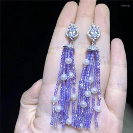 Dangle Earrings Fashion Purple Chalcedony Tassel Drop With Pearls Women DIY Handmade Jewelry Lady Gifts