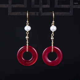 Stud Earrings S925 Sterling Silver Vintage Red Agate Safety Buckle Hollow Ladies Handmade Diy Pearl Short Ear Hooks