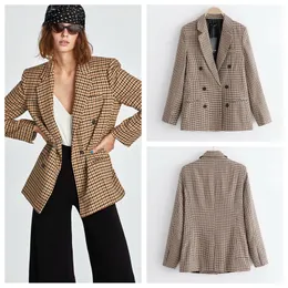 Kvinnors kostymer blazers vintage dubbelbr￶st Houndstooth Plaid Print casual Slim Blazer Ladies Fashion Business Outwear Suits Chic Coat CT159