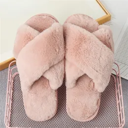 Tofflor 2023 Design Women Winter House Furry Cross Fluffy Fur Home Slides Flat Indoor Floor Shoes Ladies Flip Flops 221103