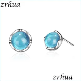 Stud Stud Zrhua Genuino 925 Sterling Sier Rotondo Orecchini di cristallo blu chiaro per le donne Gioielli orecchio di moda Regali di Natale Drop Delive Dhybn