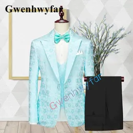 دعاوى الرجال Gwenhwyfar Top Design Style Men's Sky Blue Suit عرضة ثلاث قطع عالية الجودة Jacquard Fabric Groom Tuxedo