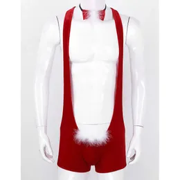 Mäns Sleepwear Men Red Soft Velvet Christmas Underwear Santa Cosplay Fancy Come Singlet Sexig Mankini Boxer With Bowtie Male Xmas Underpants T221114