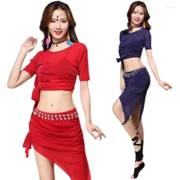 Stage Wear Belly Dance Spring Summer Practice Clothes Silver Screen Gauze Bevel Skirt Performance Suit Adult Female