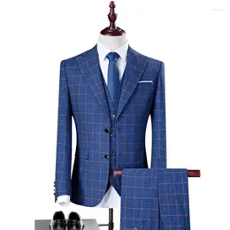 Men's Suits AIMENWANT Plaid Suit 3pcs Men Business Slim Fit Wide Collar Groomsman Blazer Wedding Groom Jacket Pants Vest 3 Piece