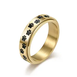 Fotavtryck Hund PAW Rotertabelt rostfritt stål Ringband för kvinnor Män älskar Rose Gold RelieVing Anngest Rings Fashion Jewelry Gift