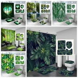 Duschgardiner Badrumsgardin Green Tropical Plant Leaves Bamboo Tryckt för Bath Anti Slip Mat Set Toalettskydd Köksmattan 221104