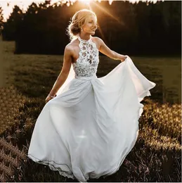 Lace Chiffon Boho Wedding Dress Halter Neck Floor Length A Line Bohemian Bridal Gowns Robe De Mariage Outdoor Wedding