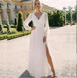 A-Line Wedding Dress Simple V-Neck Bohemian Robe de Mariee Slit Long Sleeve Floor Length Chiffon Brudklänningar