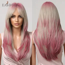 Ombre Gray Blond Pink Syntetyczne peruki z grzywką długą prostą warstwową cosplay lolita włosy dla kobiet odpornych na ciepło bezpośrednio