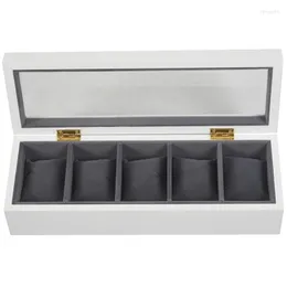 Watch Boxes White Wooden 5 Slot Box Black Flannel Small Display Storage