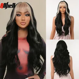 LX Brand Long Black Synthetic Hair Wigs With Blonde Bangs Natural Wave for Women Halloween Cosplay Costume Wig Heat Resistant Party Usefacto