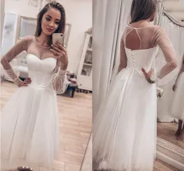 Wedding Dress Short Light Champagne Long Sleeve Puff A-Line Tulle Sweetheart Bridal Gowns Custom Made Point Net Elegant