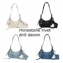 Yeni Rhinestone Perçin Denim Desen Motosiklet Tasarımcı Çantaları Lüks Üç-Bir-Bir Gold Rivet Crossbody Bags Kadınlar için 221106