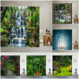 Dusch gardiner vattenfall fj￤der tropisk gr￶n djungel primeval skog park naturliga buskar blommig mossig tyg badrumsdekor