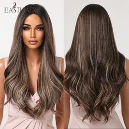 Mixed Brown Blonde Natural Hairline Lace Wigs Long Wavy Synthetic Gray Ash Hair Wigs for Women Daily Heat Resistantfactory direct