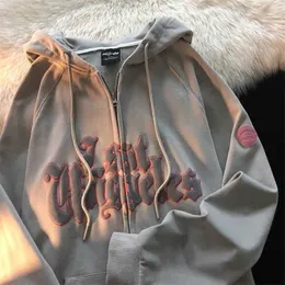 Kadın Ceketleri Retro 90'lar Mektup Köpük Baskı Hoodie Kazak Kadınlar Y2K Street Hip Hop Gevşek HARDIGAN ZIP CACET 2022 Goth Sweatshirts T221105