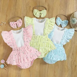 Giyim Setleri 2022 Yaz Bebek Kızlar Toddler Giyim Seti Beyaz Uçan Kol T-Shirt Çiçek Tutu Romper Kafa Bandı Kıyafet