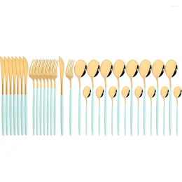 Dinnerware Sets Drmfiy Mint Green Gold Western Cutlery Set 32Pcs Tableware Stainless Steel Dinner Spoons Fork Knife Flatware