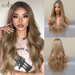Long Synthetic Lace Front Wave Wigs for Women Middle Part Ombre Ash Golden Blonde Natural Hair for Daily Cosplay Partyfactory direct