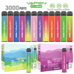 Äkta VAPEN CUBE 3000Puffs Vape-penna för engångsbruk 0% 2% 5% Nic-enhet Elektroniska e-cigaretter Kit 8ML Kapacitet 1000mAh Batteri Vaporizer Multi Flavors VS PUFF FLEX
