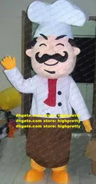Fancy White Cook Mascot Costume Mascotte Kitchener Baker Chef With Big Whites Chefs Uniforms Brown Apron Adult No.2766 Free Ship
