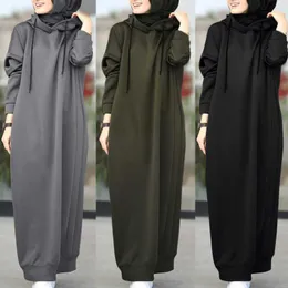 Muslim Autumn Women's Dress Solid Color Plush Hooded Drawstring Loose Casual Pocket Long Sleeve Women's Sweater Dresses S-XXXL