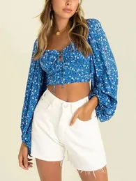 Women's Blouses Tops Women 2022 Sweetheart Neck Tie Floral Print Blouse Back Smocked Slim Fit Long Puff Sleeve Sexy Crop Top