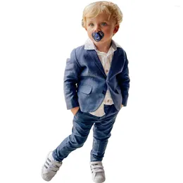 Мужские костюмы Детский синий костюм Slim Fit Set/Blazer Pants 2 штуки наряд детской вечеринки для вечеринки/официальная одежда для мальчиков по случаю дня рождения