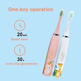 Elektriska tandborstar Tecknad barns elektriska tandborste med 6 penselhuvuden ultraljudsladdning mjukt h￥r