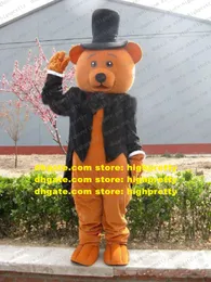 Lively Brown Bear Tux Mascot Costume Mascotte Vuxen med små svarta söta ögon Big Hat Cartoon Character No.759