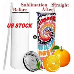 US-Lager Tumblers Straight 20oz Sublimation Blank Vakuumisoliert 600ml Kaffee Teetassen Tragbare Autotassen SS1107