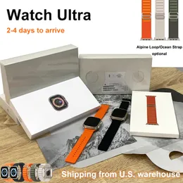 봉인 된 포장 티타늄 케이스 해양 알파인 루프 스트랩 무선 블루투스 스포츠 시계 레이블이있는 Apple Watch Ultra MT8 용 49mm 스마트 워치