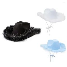 Berets Retro Feather Brim Decor Cowgirl Hat With Anti-slip Band Western Sun Protect