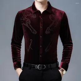 Men's Casual Shirts Luxury Claret Elegant Velour Long Sleeve For Mens Smooth Burgundy Gentleman Party Dinner Velvet Dress Stout Green