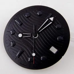 Uhr Reparaturkits Ganzes schwarzes Zifferblatt 31 mm Fit NH35A Bewegung Handkalender Fenster Stahl Gesicht