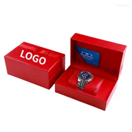 Watch Boxes PU Leather Square Clamshell Storage Box Provides Free Logo Carving Service Customization Packaging Gife Red High-end
