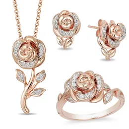 Armband Ohrringe Halskette Frauen Mode Strass Rose Blume Anhänger Ring Schmuck Geschenk Moda Feminina Sets Drop Lieferung Smtpj