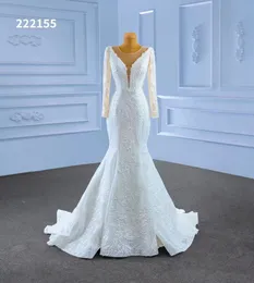 Abito da sposa della sposa bianca bianca a collo a V Deep Long Long Sleeve mostra un alto temperamento di coda di pesce sottile su misura SM222155