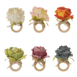 Dekoracja przyjęcia weselnego drewniana serwetka Pierścienie Buck Silk Rose Flower Walentynki Dekoracje ślubne