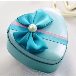 Papel de regalo 10 unids/lote caja de dulces de boda con forma de corazón de hojalata bonita con nudo de repique decorativo hermoso BlueRedPurplePink