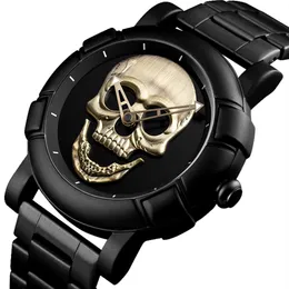 Homem legal steampunk skull head watch homens 3d esqueleto gravado dourado preto mexico punk rock relógio relógio relógio masculino 2012318u