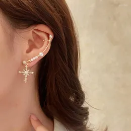 Rücken Ohrringe Mengjiqiao Koreaner zarter Zirkonkreuzclip für Frauen elegante Perlenperlen Ohrmanschette kein durchdringender Knorpelschmuck