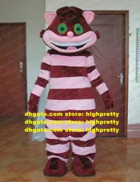 Cute Brown Cheshire Cat Moggie Kitten Mascot Costume com grande barra de barriga redonda Cabelo marrom rosa Sapatos marrons de nariz pequenos No.4319