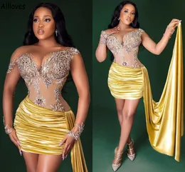 Goldene sexy arabische Aso Ebi kurze Abendkleider, wunderschöne Spitzenapplikationen, Perlen, durchsichtig, formelle Party-Nachtkleider mit langen Ärmeln, Schößchen-Minikleid, Nigeria, CL1370