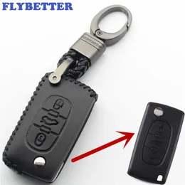 Flybetter Genuine Leather 3Button Flip Remote Key Caso Caso para Peugeot 208 307 308 408 para Citroen C2 C3 C4 C5 C6 C8 L385227D