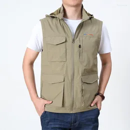 Men's Vests Spring And Autumn Waistcoat Outdoor Multi-pocket Leisure Horse Clip With Cap Quick-drying Thin Sleeveless Men